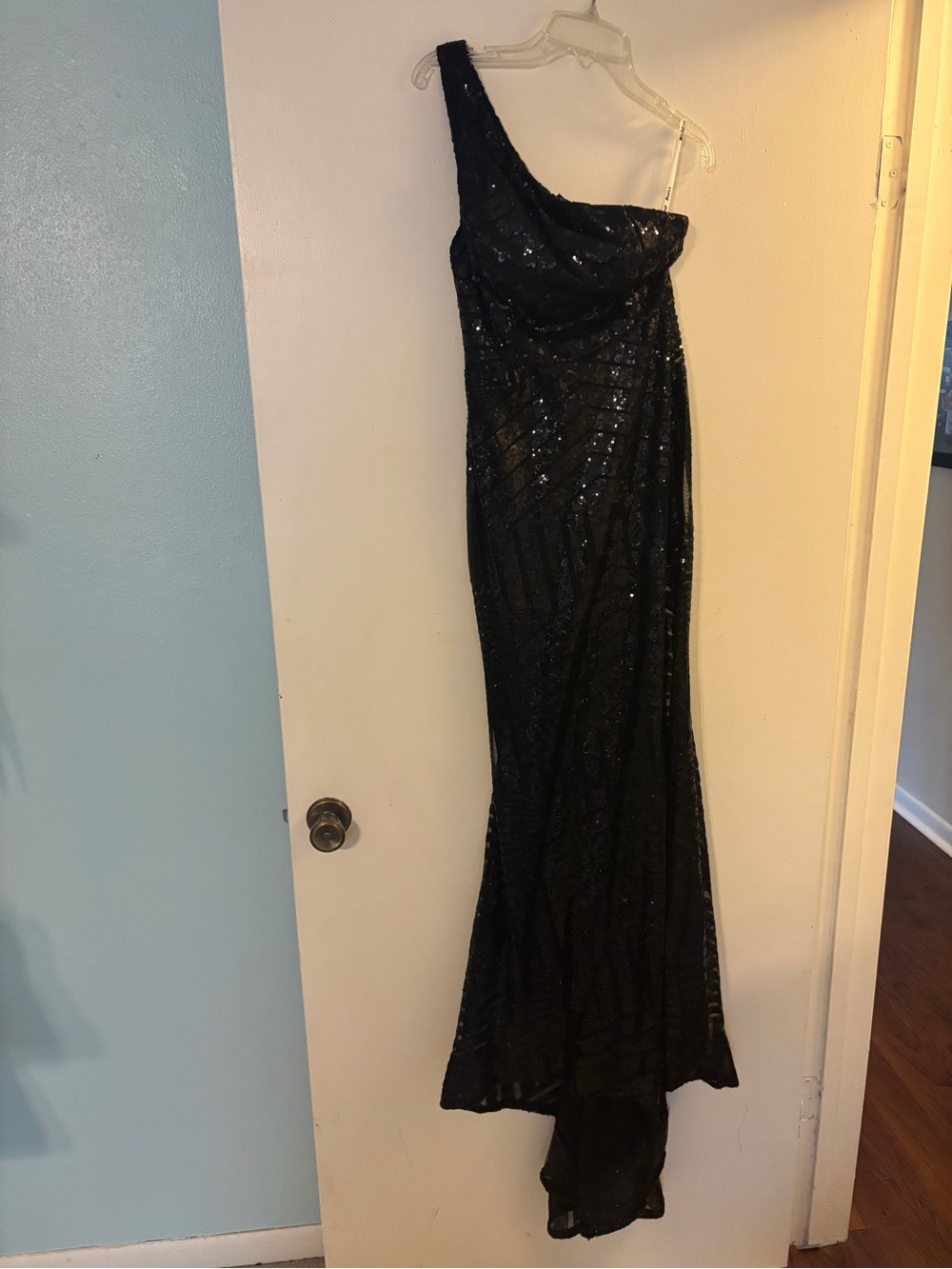 One-Shoulder Black Sequin Evening Gown
